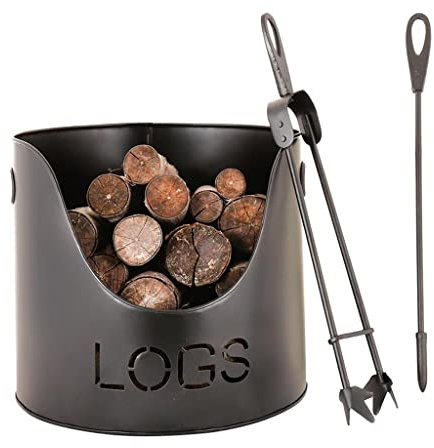 Modern Metal Fireside Kindling Log Bucket with Tongs & Poker