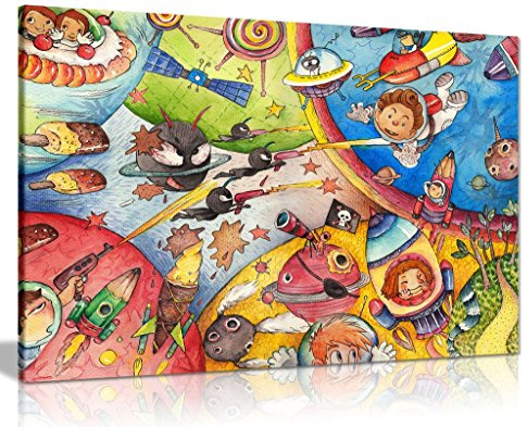 Boys Bedroom Space Cartoon Kids Nursery Canvas Wall Art Picture Print (18x12)