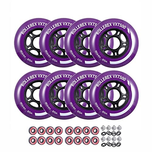 Rollerex Inline-Skate-Räder VXT500 (8 Stück oder 2 Rollen mit Kugellagern, Abstandshalter und Unterlegscheiben) (80 mm Royal Purple Lagern,