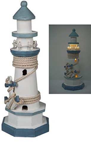 CBK-MS. Leuchtturm 30 cm mit Tau + Anker blau/Weiss LED Beleuchtung wunderschöne Maritime Deko für Wohnung Tisch oder Fenster