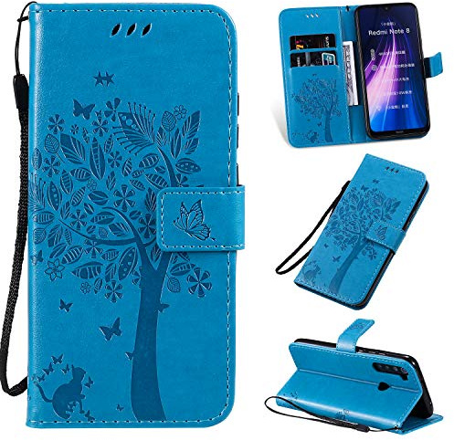 Zchen Cover Xiaomi Redmi Note 8, Custodia Cover Protettiva in Cuoio Flip Libro Portafoglio Resistente Antiurto con Supporto per Xiaomi Redmi Note 8 (Gatto-Blu)