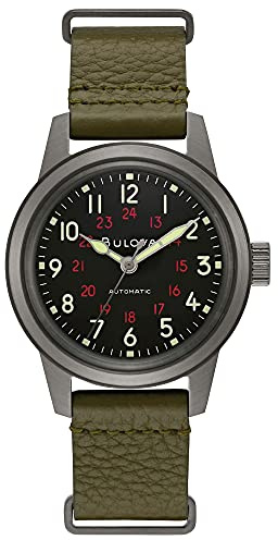 Bulova Men's Military Heritage Hack Stainless Steel 3-Hand Automatic Watch, NATO Leather Strap, Luminous Hands and Markers