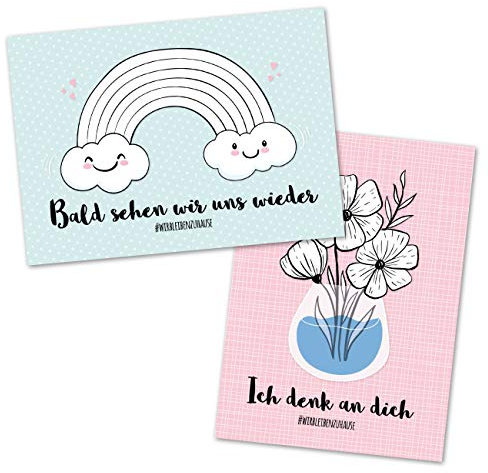 Papierdrachen 12 Postkarten zum Ausmalen - mit Regenbogen und Blumen für Kinder - Grüße an Oma, Opa und Freunde senden - Wir bleiben Zuhause