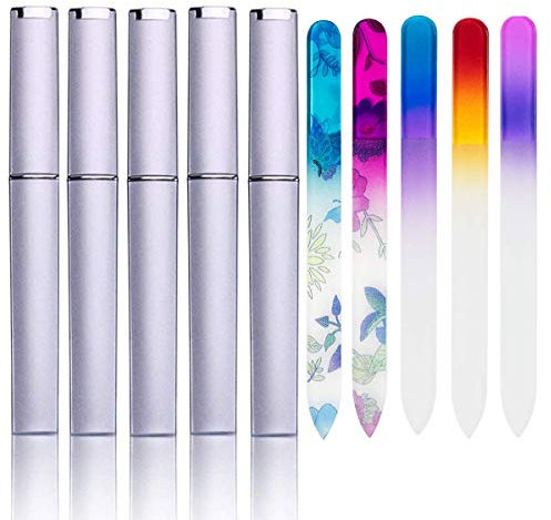 5 Pack Glass Nail Files with Case Crystal Glass Fingernail Files Double Sided Glass Nail File Mixed Color Manicure Set for Gentle Nail Care for Women Girls