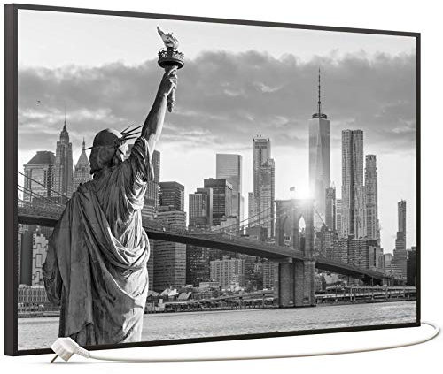 STEINFELD Bild Infrarotheizung mit Thermostat | Made in Germany | viele Motive 350-1200 Watt Rahmen schwarz (600 Watt, 014 New York Freiheitsstatue)