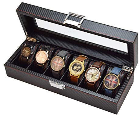 Guolich Uhr Aufbewahrungsbox Uhr Display Halter Gehäuse Leder Kohlefaser Schmuck Armband Sammlung Organizer mit Glasdeckel (6 Slots)