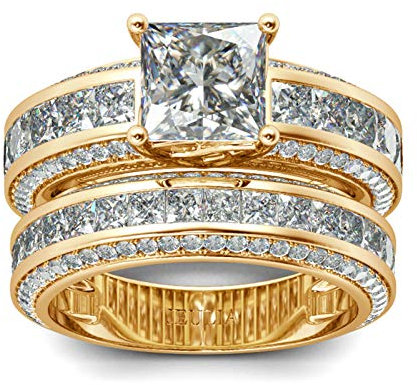 Jeulia Damen Sterling Silber Ringe Set Prinzess-Schliff 4-Prong Diamant Ringe Set Schmuck für Braut Hochzeit Band Verlobungsring Trauring Ehering (Vergoldet, 61 (19.4))