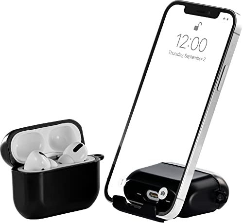 AirStand - AirPods Pro Case Cover mit unsichtbarem Telefonständer, kompatibel mit AirPods Pro, voller Schutz TPU & PC stoßfestes Gehäuse mit Schlüsselanhänger Karabiner (Mitternacht)