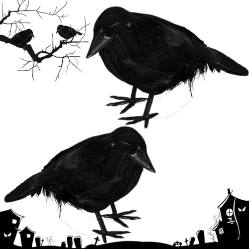 2 Stück Krähe Halloween,Rabe Halloween,Schwarzer Rabe Deko,Halloween Krähe Dekorationen,Halloween Krähen Requisite,Realistische Feder Krähen für Halloween Deko Garten Gruselig,Halloween Horror Party