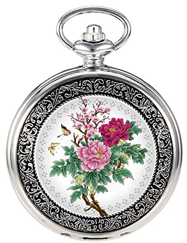 VIGOROSO Quartz Beautiful Butterfly Flowers Enamel Painting Steampunk Silver Pocket Watches in Box