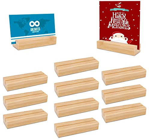 LONHCHI 10 Stück Holz Kartenhalter aus Bambus Fotohalter,Funktional Vielseitig Verwendbar,Tischkartenhalter,Hochzeit Tischnummer Halter für Restaurants,Hochzeiten,Partys Fotoständer(8x1,5x2,5cm)