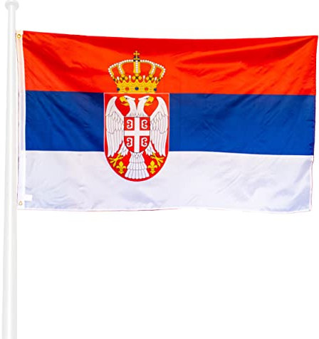KliKil Serbische Flagge, 150 x 90 cm, Polyester, UV-beständig und wasserdicht, einfache Anbringung mit 2 Metallösen, ideal für Feiern, Dekorationen und Veranstaltungen