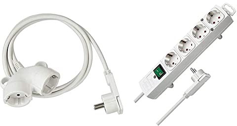 Brennenstuhl Qualitäts-Kunststoff-Verlängerungskabel mit Flachstecker (5m Kabel, mit Doppelsteckdose, 2-Fach Verlängerungskabel) weiß & Comfort-Line Plus, Steckdosenleiste 4-Fach (2m Kabel) weiß