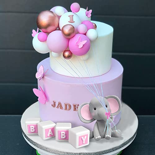 Elephant Cake Decoration Mini Cake Topper BABY Letter Toppers Pearl Ball for Baby Shower Theme Birthday Party Supplies (PINK)
