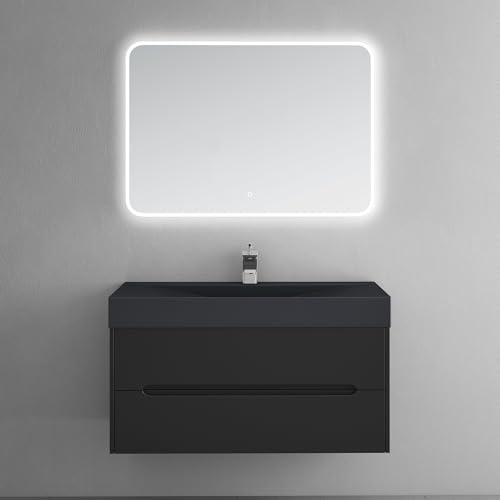 doporro Unterschrank mit Waschbecken matt schwarz 100cm LED-Spiegel | Wandhängendes Badmöbel-Set mit Mineralguss-Waschbecken, LED-Spiegel & Soft-Close – pflegeleicht für moderne Bäder Yoga