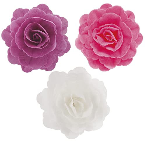 Dekozauber24 Essbare Rosen für die Torte aus Oblate, 15 Stück, je 7cm, 3 Farben Mix, Tortendeko Blumen Kuchen Deko Blüten