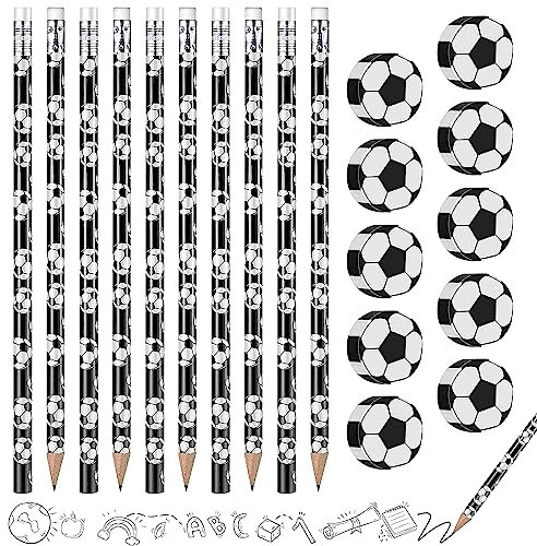 TZQFROCE 10 Stück Fußball Mitgebsel Bleistifte+10 Stück Fußball Radiergummi Kinder Fussball Geschenke Jungen Fussball Geburtstag Deko Fußball Mitgebsel Schreiblernbleistift mit Radiergummi für Schule