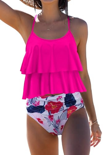 Beachsissi Tankini - Costume da bagno a righe con stampa a vita alta, rosa rosso, S