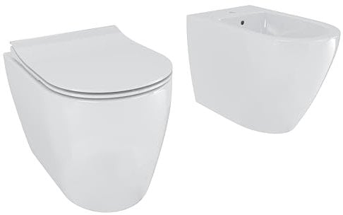 Coppia Sanitari Filomuro Filo Muro Filo Parete Vaso WC E Bidet Design Moderno In Ceramica Con Copriwater Chiusura Soft Close Chiusura Rallentata Colore Bianco