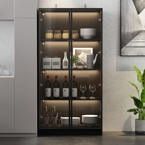 PREMTURE Glasvitrine mit Beleuchtung, Glasvitrine in Schwarz,Vitrinenschrank Schwarz,Sammlervitrine mit 4-stufigen Einlegeböden,Glasständer, Aluminium, gehärtetes Glas, 80 x 40 x 160 cm