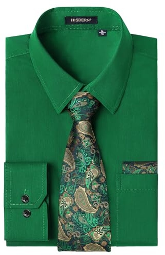 HISDERN Green Shirt and Tie Set Formal Men Dress Shirt Long Sleeve Business Casual Party Solid Regular Fit XL