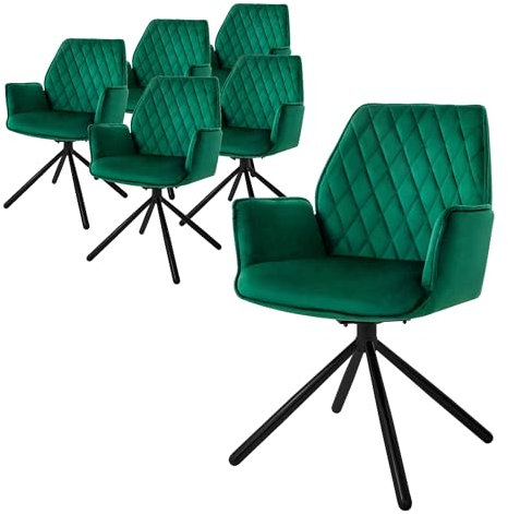 ML-Design Esszimmerstühle 6er Set Samt Dunkelgrün, Wohnzimmerstuhl mit Arm- und Rückenlehne, Drehstuhl Auto-Position, Polsterstuhl mit Metallbeine, Sessel ergonomisch/drehbar, Küchenstuhl Loungesessel
