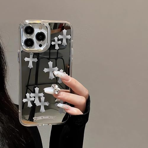 xoniery Compatible with iPhone 14 Pro Max Cute Glossy Mirror Back Case,White Cross Pattern,Senior Shockproof Protection iPhone 14 Pro Max Case for Women Girls