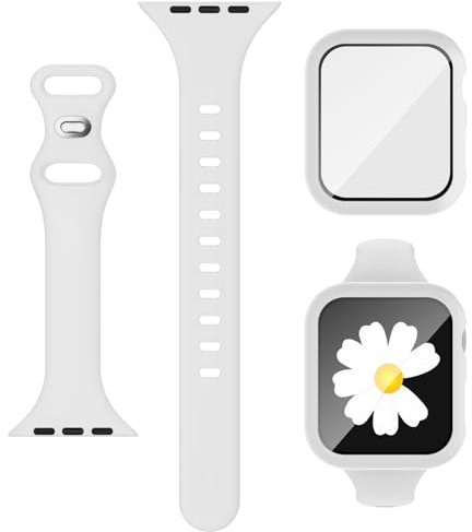 Correa delgada 3 en 1 para Apple Watch de 44 mm con funda y protector de pantalla, correa deportiva de silicona delgada y cubierta con vidrio templado 9H para iWatch Series SE SE2 9 8 7 6 5 4 para