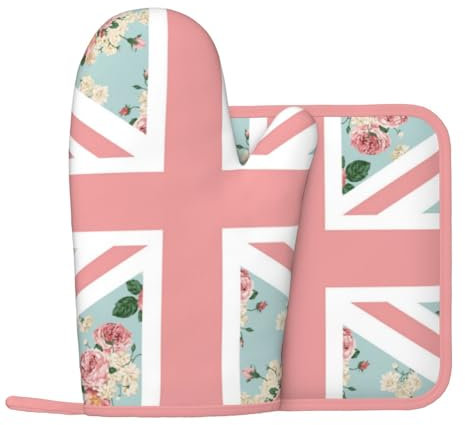 Englische Rosen Union Jack Flagge, Ofenhandschuhe und Topflappen-Set, hitzebeständige, rutschfeste Küchen-Ofenhandschuhe aus Silikon