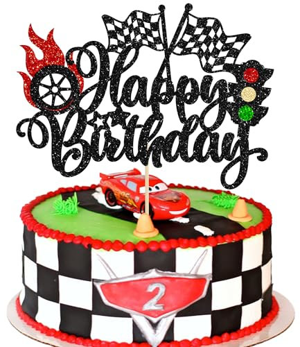 Gyufise 1Pc Race Car Happy Birthday Cake Topper Glitter Checkered Flag Cake Decorations for Racing Car Theme Party Supplies Black