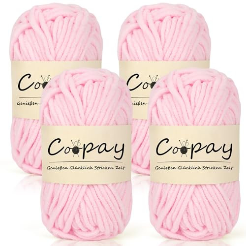 Coopay Chenille Chunky Wolle zum Häkeln Dickes Garn, 4 x 50g Dicke Wolle zum Stricken, Super Flauschig Weiches Wolle für Babydecke, Grobes Chenille-Garn für Hüte, Schals, Socken, Taschen - Sakura Rosa