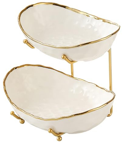 AYES Fruit Bowl, 2-Tier Large Ceramic Fruit Basket with Metal Stand Tiered Decorative Space Saver Fresh Fruit Serving Bowls for Kitchen Countertop Tabletop Parties Display (Gold 2-Layer)