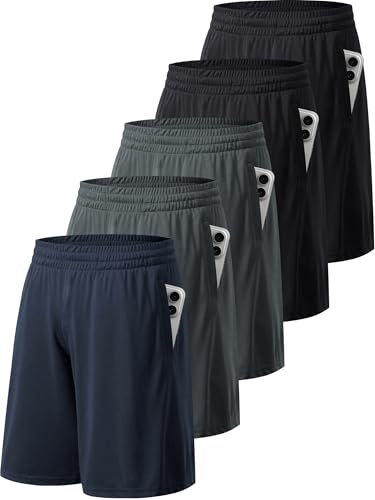 miijoory 5er Pack Sporthose Herren Kurz Hosen Sport Shorts mit Taschen Schnell Trocknend Trainingshose Laufhose für Gym Basketball Fitness(3XL,Schwarz, Schwarz, Dunkelgrau, Dunkelgrau, Dunkelblau)
