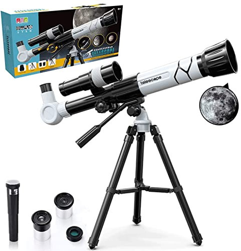MOZMY Teleskop Kinder, Astronomical Telescope Fernrohr Teleskop, Refraktor Teleskop für Kinder Einsteiger Amateur-Astronomen mit Verstellbarem Stativ, 3 Okularen (weiß)