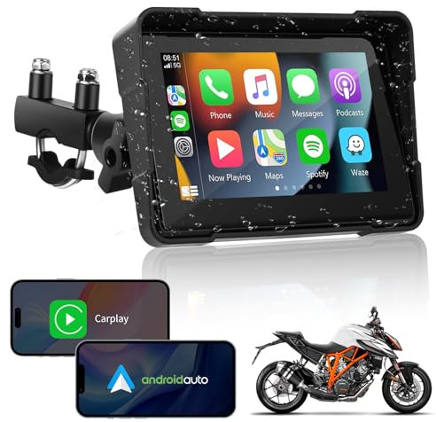 Gerbala Pantalla de coche inalámbrica CarPlay y Android de 5 pulgadas para moto, pantalla táctil IPS portátil, Bluetooth/GPS/control por voz, IP67 resistente al agua, soporte para Siri/Google