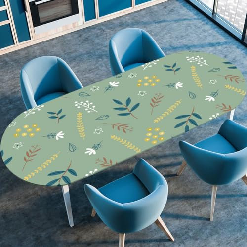 Surwin Tovaglia Ovale con Bordo Elastico, Antiscivolo Elastico Copritavolo Ovale Antimacchia Protezione Tavolo Casa Ristorante Sala da Pranzo Giardino -Stampa Pianta (Verde giallo,91x152cm)