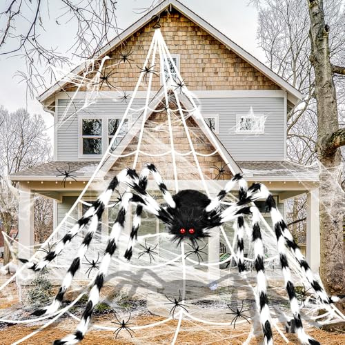 iZoeL XXL Halloween Deko 700cm Riesige Spinnennetz + 200cm Spinne + Spinnweben + 30 Mini Spinne, Halloween Garten Deko Outdoor Deko Gruseliges Außendekoration Riesenspinne Schwarz-weiß