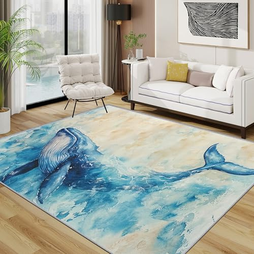 TerroVee Wal Teppich, Blaue Marine Meer Tiere Teppiche rutschfest Waschbar Weich, Meerestiere Aquarell Wohnzimmerteppich Schlafzimmer Jugendzimmer, 120x180 cm, Blau Beige