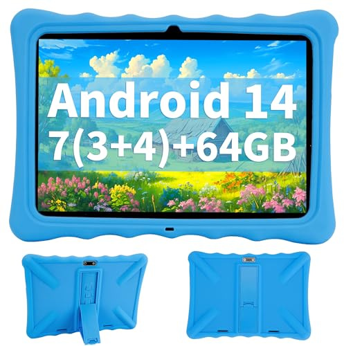 Veidoo Kids Tablet - 10.1 Inch IPS Eye-Care Screen, 7GB (3+4) RAM 64GB ROM 512GB Expandable, Dual Camera, WiFi 6, Octa-Core Parental Control Tablet Comes with Silicone Protective Cover(Blue)