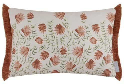 Voyage Maison Elai Feather Filled Cushion – Watercolour Floral Block Print Ruche Trim Boho Country Décor (Terracotta - 40x60cm)