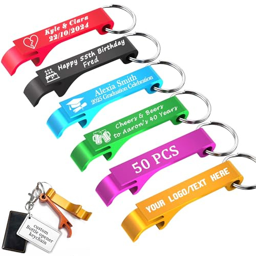 50 Stück personalisierte Flaschenöffner-Schlüsselanhänger – individueller Text, Logo oder Foto, Aluminium-Bieröffner für Hochzeit, Geburtstag, Bar, Gedenktag, Abschlussfeier, Jahrestag