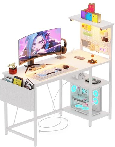 Xyphren Gaming Desk with Pegboard & Power Outlet & LED Light, Small Computer Desk with Reversible Shelves for Corner Home Office Desk, 140 * 50cm, White