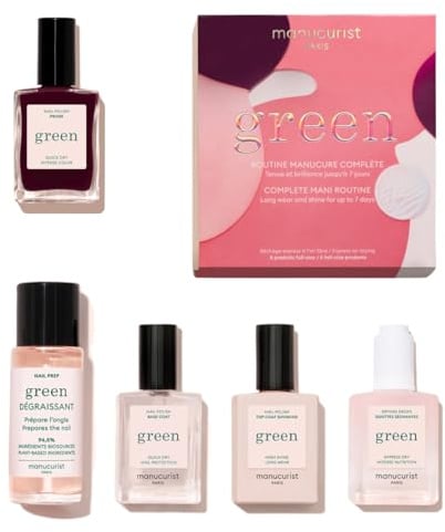 Manucurist Green™ System-Set mit Pflaumen – Professionelles Maniküre-Set auf Pflanzenbasis: 1 Entfetter, 1 Basislack, 1 Nagellack in dunklem Weinrot, 1 Überlack, getrocknete - Geschenke für Frauen