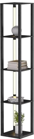 Eikuavons Bücherregal mit LED-Beleuchtung,Stehlampe mit Holzregal,3 Farbtemperaturen mit RGB,360°drehbare LED-Leuchten,Kippschutz,Fußschalter und Fernbedienung,Stehleuchte Wohnzimmer