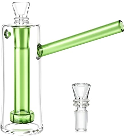 TIMSURE Glasbong 13,5 cm, Dual-Tone Borosilikatglas, 14 cm breit, 9,5 cm Mundstück, 2×14,5 mm Köpfe, Grüner Stiel, Klare Kammer, Sichere Verpackung