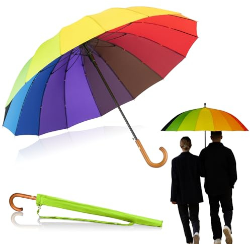 LOGAN & BARNES Parapluie Canne Tempête Ø120 cm avec poignée en bois véritable et embout silencieux – Grand parapluie XXL 16 baleines – Modèle EDINBURGH (Arc-en-ciel)
