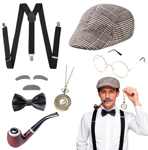 KUWUNG 20er Jahre Opa Kostüm, 7 Stück Sherlock Holmes Kostüm Accessoires | Hut Elastischer Y-Rücken Hosenträger Fliege Bart Augenbrauen Brille Accessoires für Kinder Erwachsenen