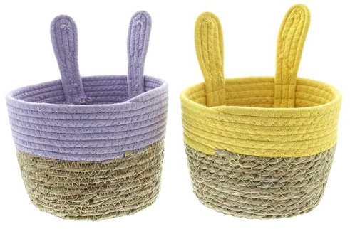 FRANK FLECHTWAREN Osternest „Hasenöhrchen 2er Set, Ø20x15cm H25cm, Seegras & Textilschnur handgeflochten, Osterkorb als Geschenkkorb & Dekoration