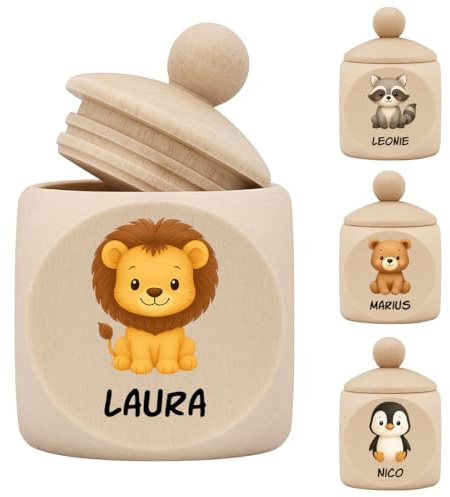 Personalierte Holz-Milchzahndose mit Name & süßem Tiermotiv - einzigartige Kinder-Zahndose als Erinnerung an die ersten Zähnchen - liebevolles Geschenk zur Geburt, Taufe oder für die Zahnfee