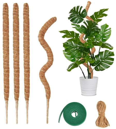 Moosstab Monstera, 6er Set Kokosfaser mit Hanfseil und Klettband, Rankhilfe für Zimmerpflanzen, Biegsame Pflanzenstütze für Kletterpflanzen, Ideal für Monstera und Efeu